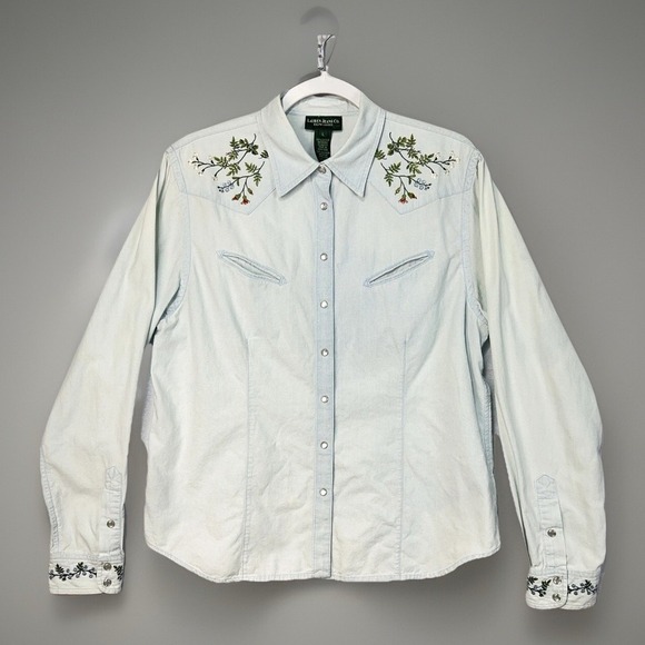 Lauren Jeans Co Shirt Womens Medium Cotton Pearl Snaps Smile Pocket Western - Picture 1 of 11